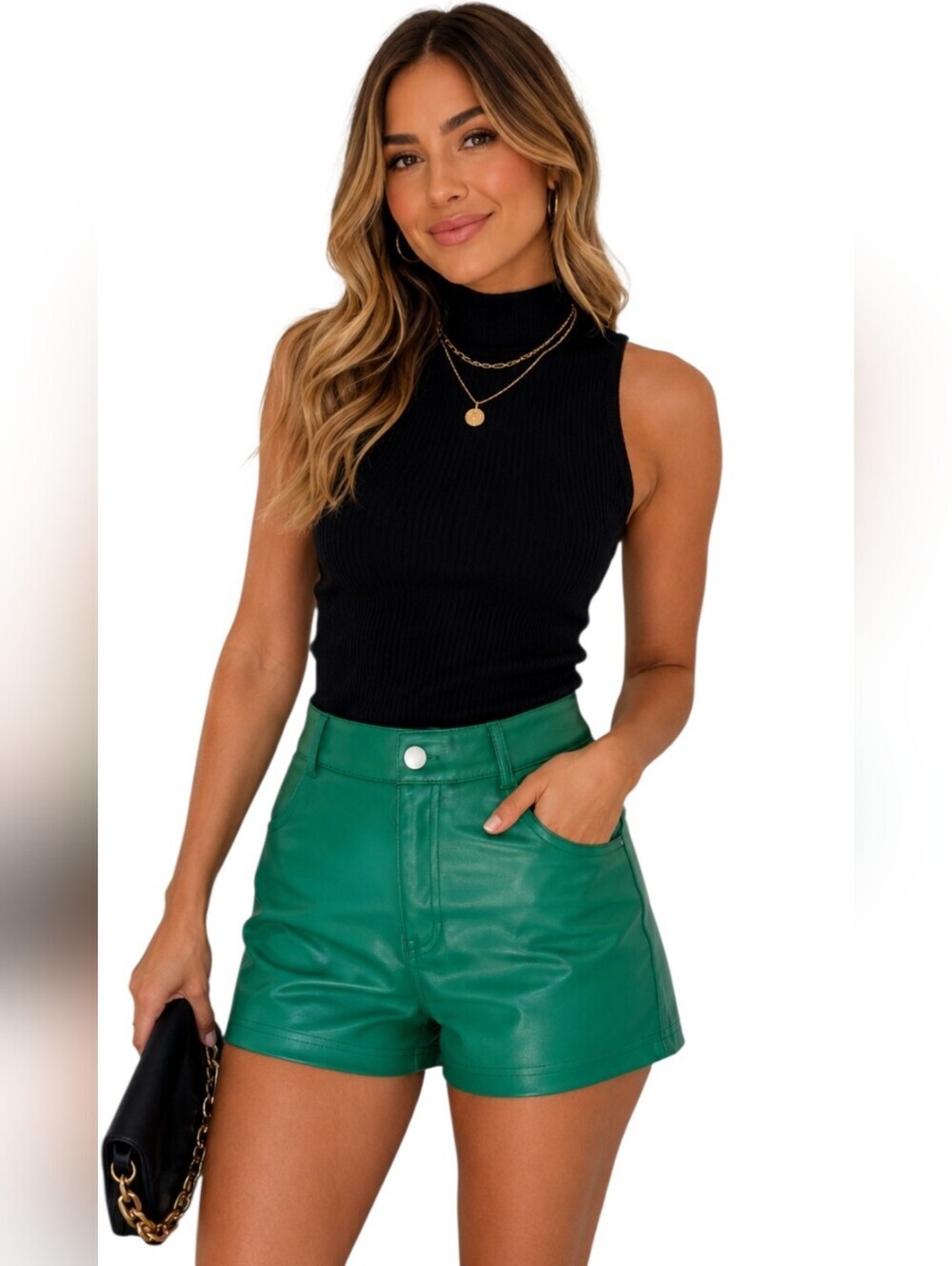 FATE Faux Leather High Waist Shorts In Kelly Green. Size Small